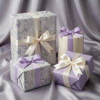 Elegant lavender paisley gift wrap and solid purple wrapping paper with satin ribbons by Wrapped Studios.