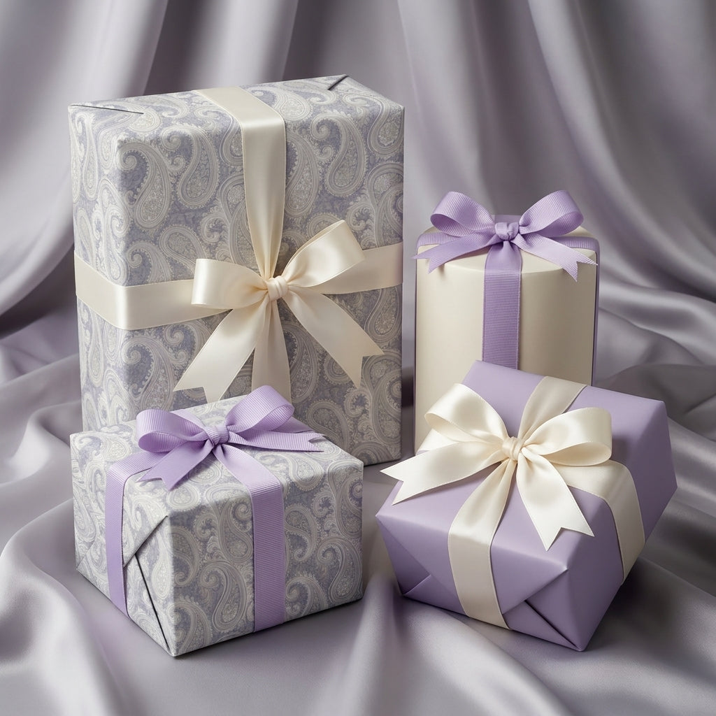 Elegant lavender paisley gift wrap and solid purple wrapping paper with satin ribbons by Wrapped Studios.