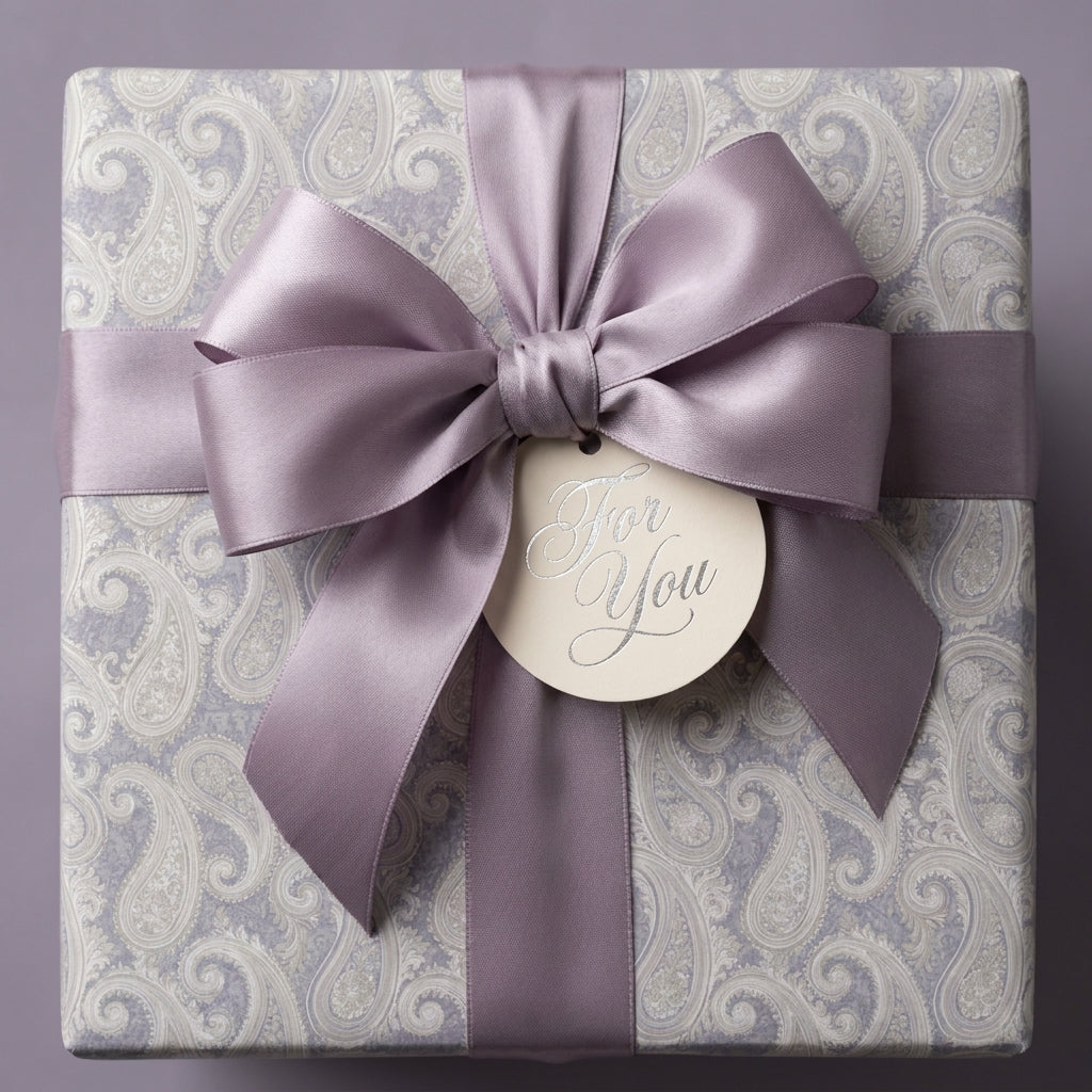 Lavender paisley luxury wrapping paper with a satin bow and "For You" gift tag by Wrapped Studios.