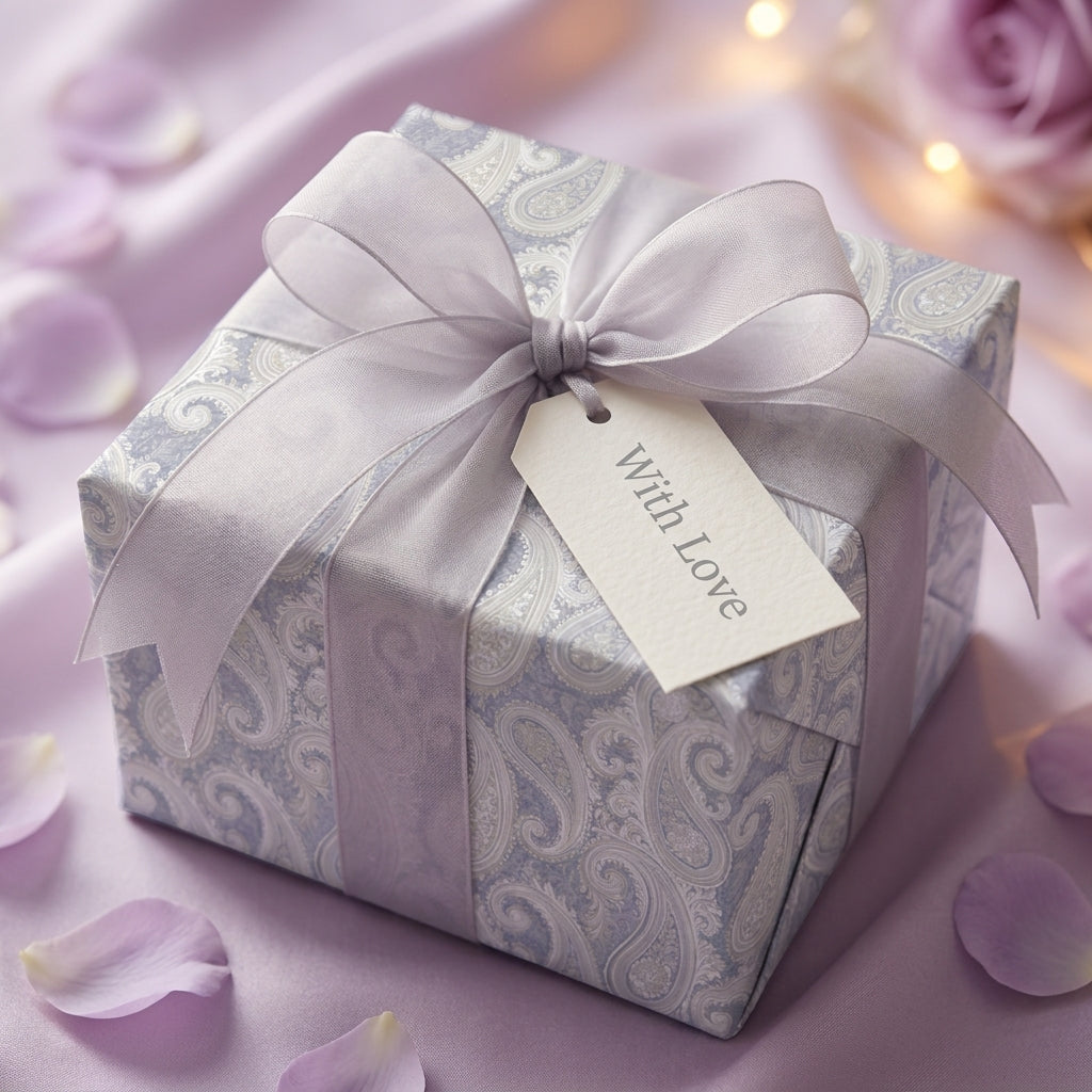 Luxury lavender paisley wrapping paper with ribbon and With Love tag by Wrapped Studios.