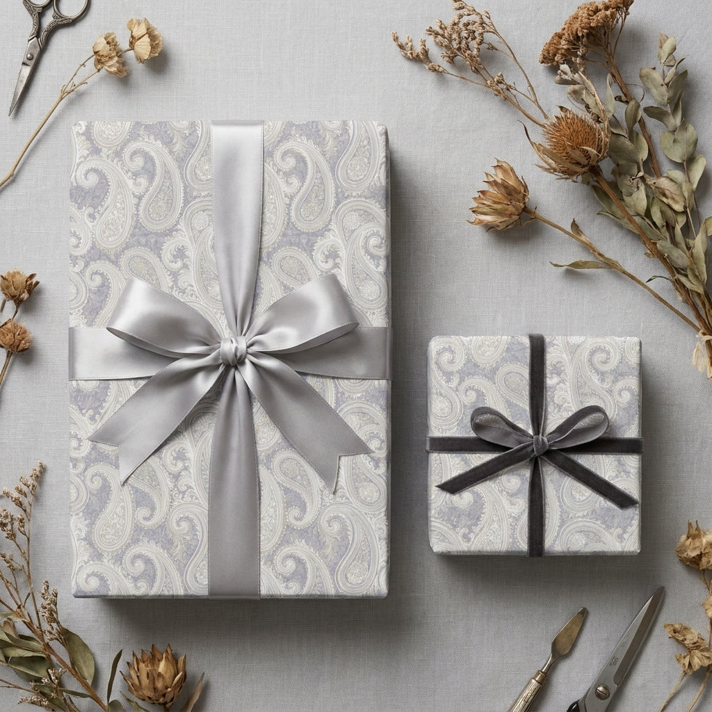 Elegant lavender paisley wrapping paper on gift boxes with grey satin ribbons by Wrapped Studios.