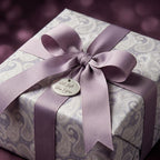 Luxury purple paisley wrapping paper with a lavender ribbon and gift tag by Wrapped Studios.