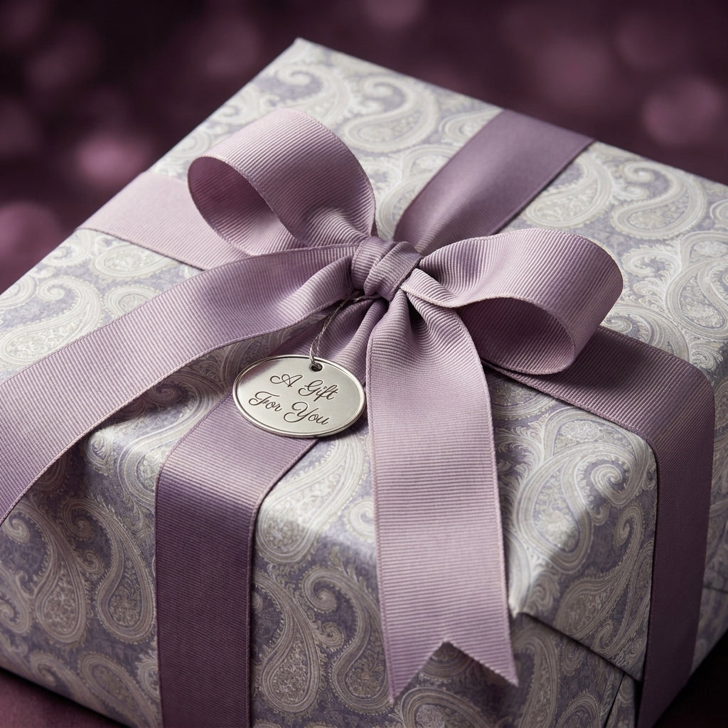 Luxury purple paisley wrapping paper with a lavender ribbon and gift tag by Wrapped Studios.
