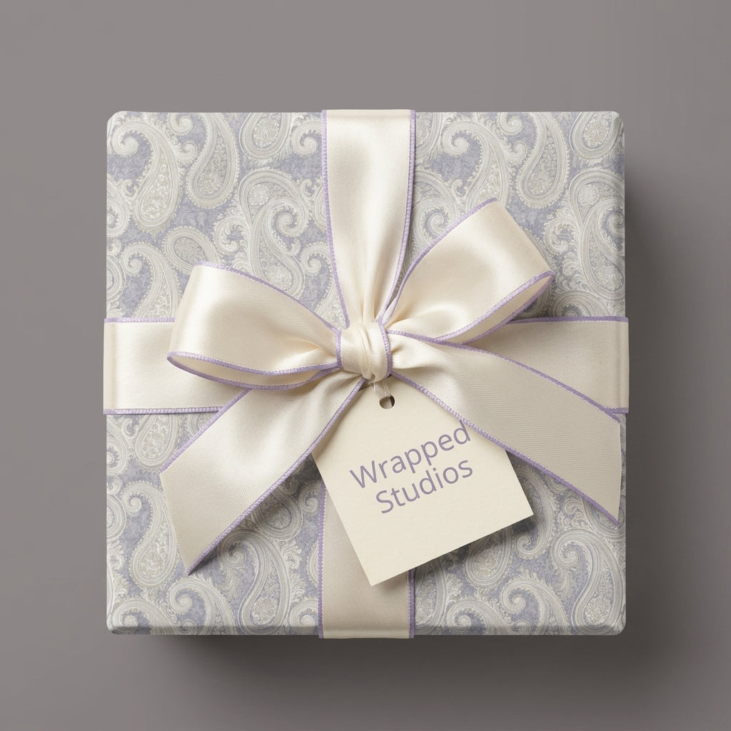 Elegant lavender paisley wrapping paper on a gift box with a cream satin bow by Wrapped Studios.