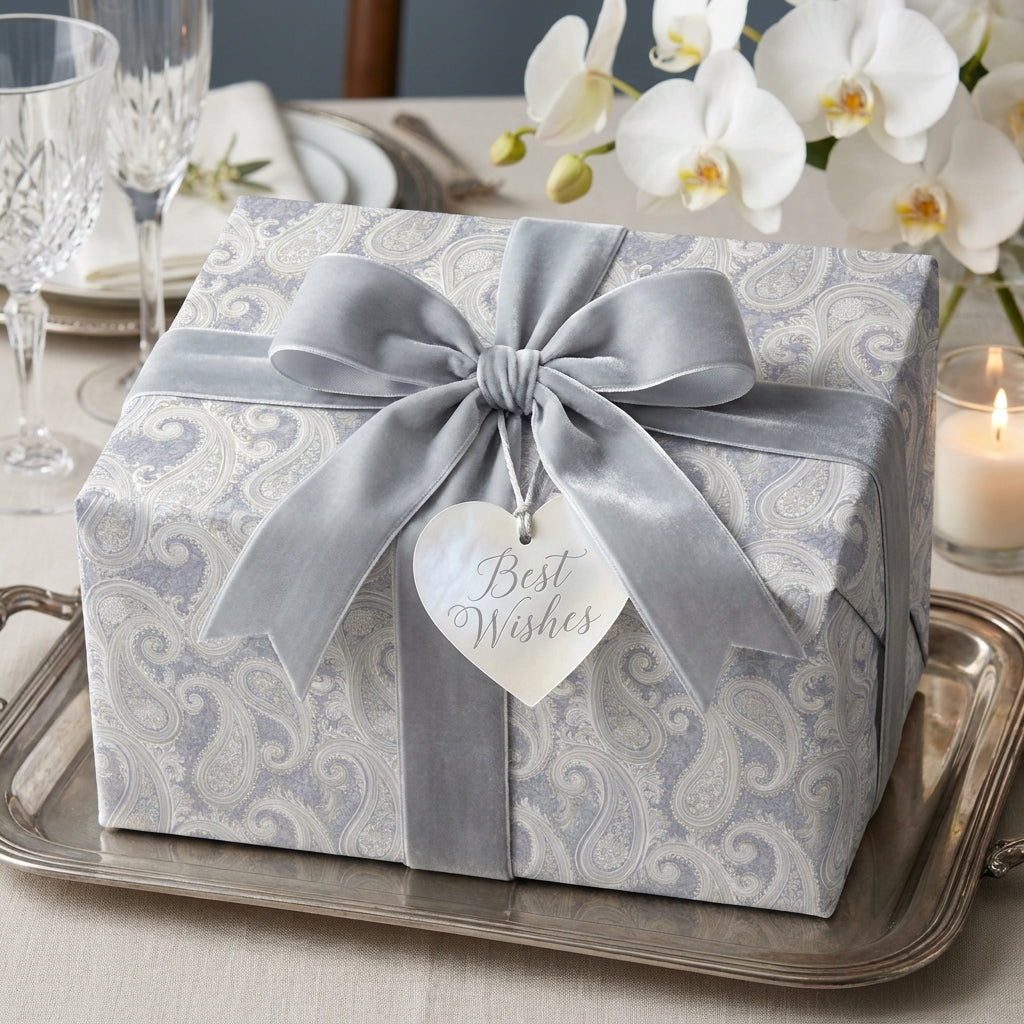 Elegant grey paisley wedding wrapping paper with a velvet bow by Wrapped Studios.