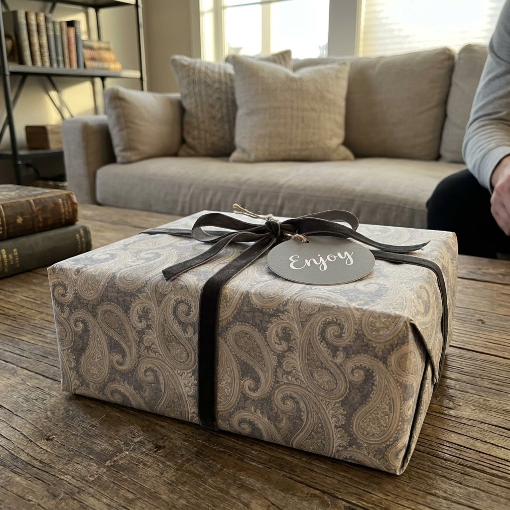 Elegant vintage paisley wrapping paper in muted gray with a velvet bow, by Wrapped Studios.