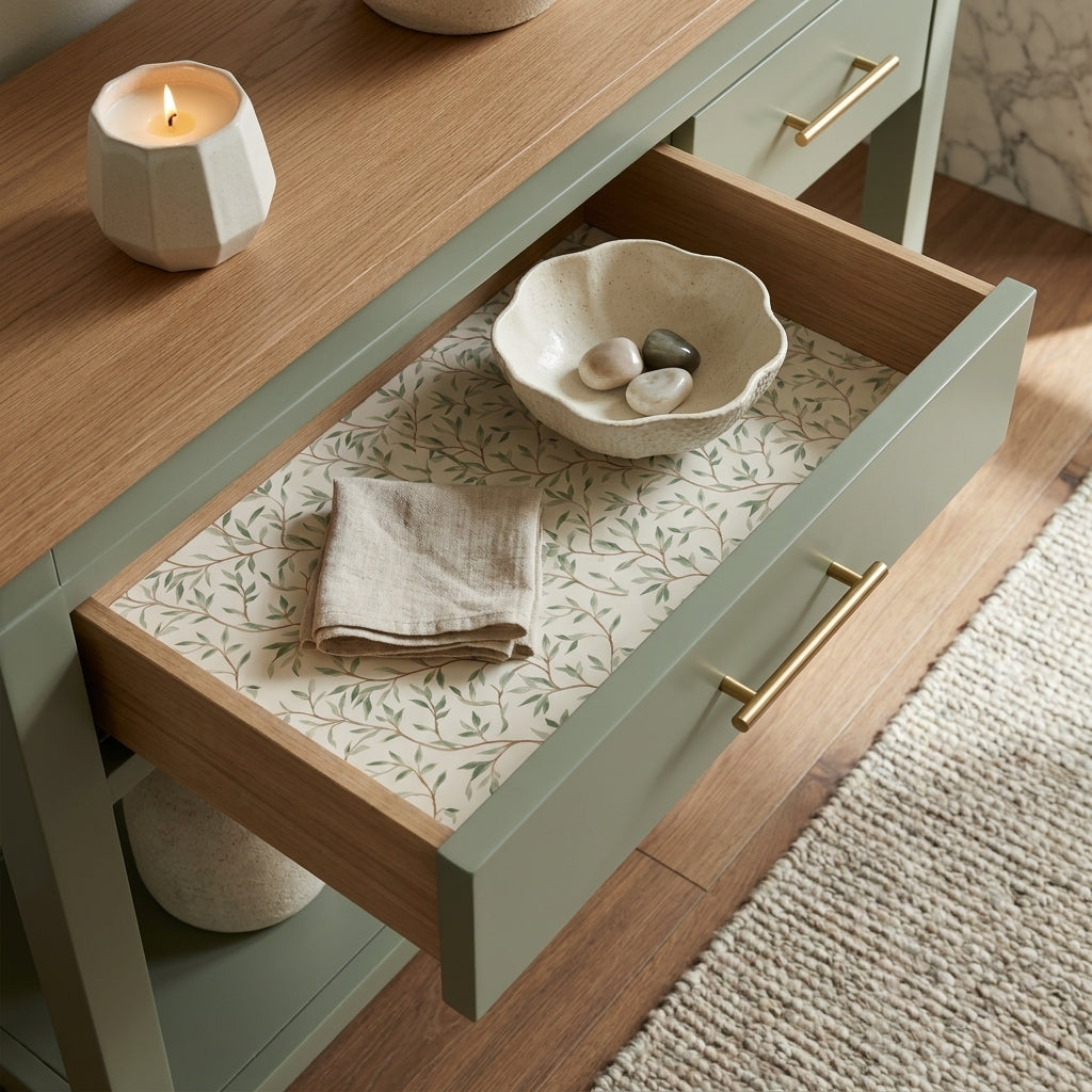 Sage green botanical wrapping paper from Wrapped Studios styled as an elegant drawer liner.