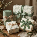 Sage green and botanical floral wrapping paper with elegant ribbons, luxury gift wrap by Wrapped Studios.
