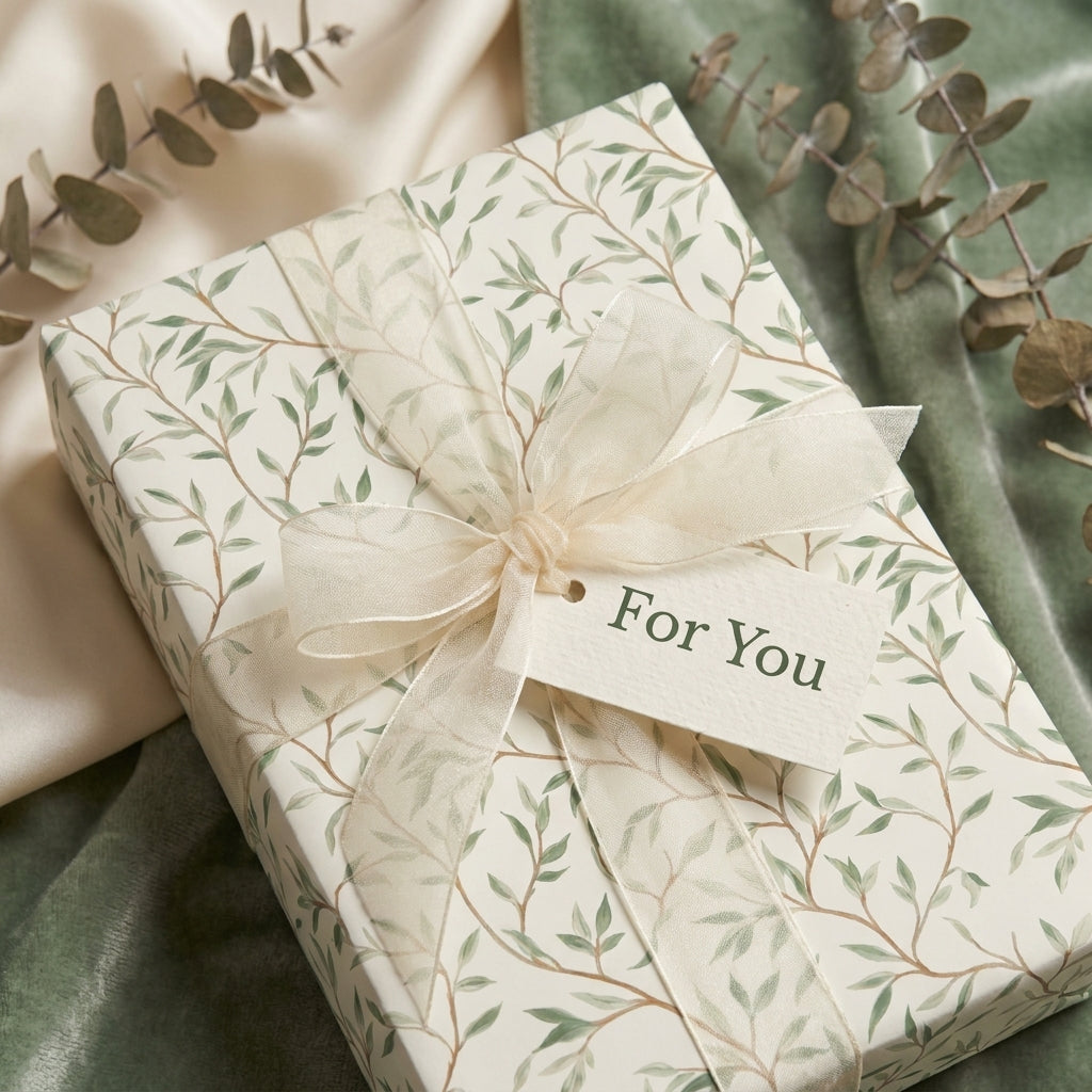 Sage green botanical wrapping paper with cream bow and 'For You' gift tag by Wrapped Studios.