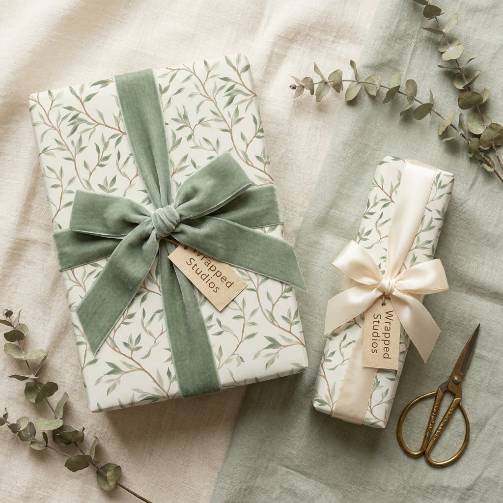 Sage green botanical wrapping paper with luxury velvet ribbon on gifts by Wrapped Studios.