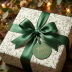 Elegant botanical wrapping paper with a green satin bow and "With Love" gift tag by Wrapped Studios.