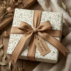 Sage green botanical wrapping paper with a luxury brown ribbon and gift tag by Wrapped Studios.