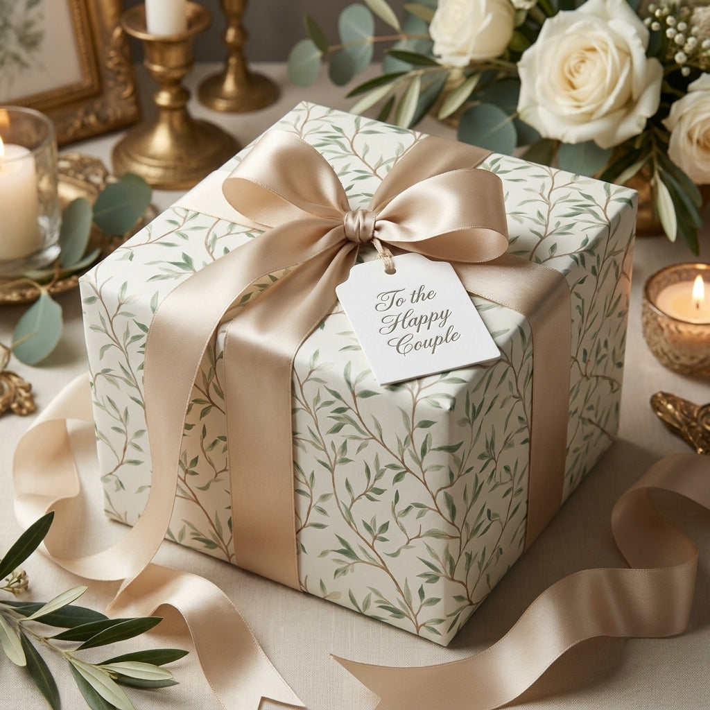 Elegant botanical wedding gift wrap with champagne satin bow by Wrapped Studios.
