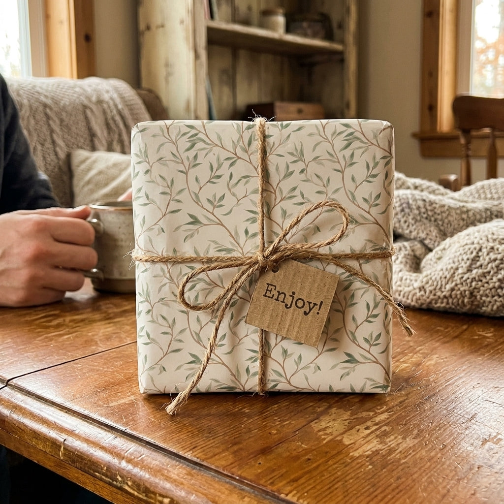 Botanical wrapping paper with sage green leaves, tied with rustic twine. Gift wrap by Wrapped Studios.