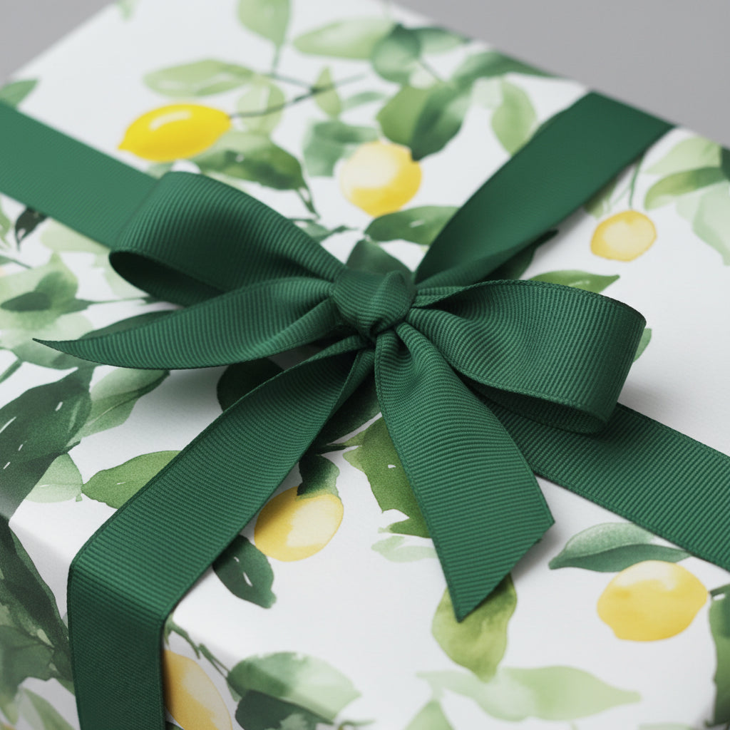 Gift box wrapped in lemon print wrapping paper with a dark green ribbon bow.
