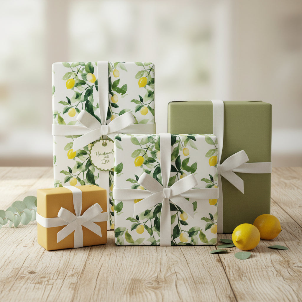Elegant lemon-themed gift wrap with white ribbon, perfect for spring or summer birthday wrapping paper.