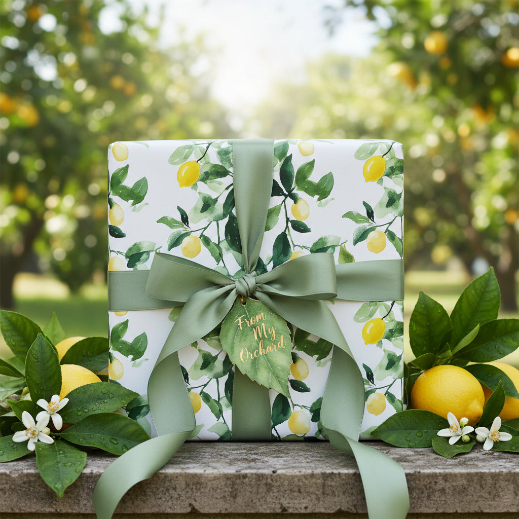 Square gift wrapped in lemon print paper with olive ribbon, set amongst an orchard backdrop.