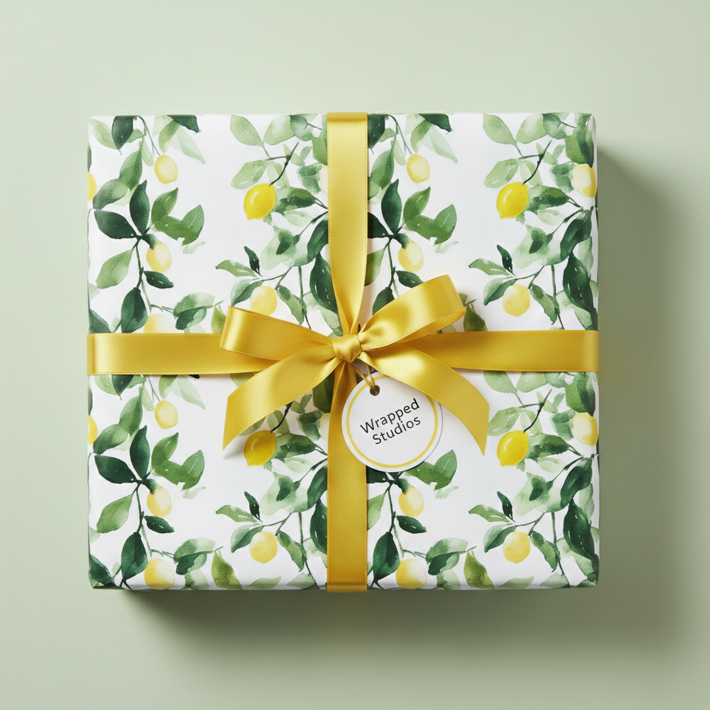 Square gift wrapped in lemon print paper with gold ribbon and bow.