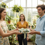 Woman receives gift wrapped in floral lemon wrapping paper with green ribbon bow.
