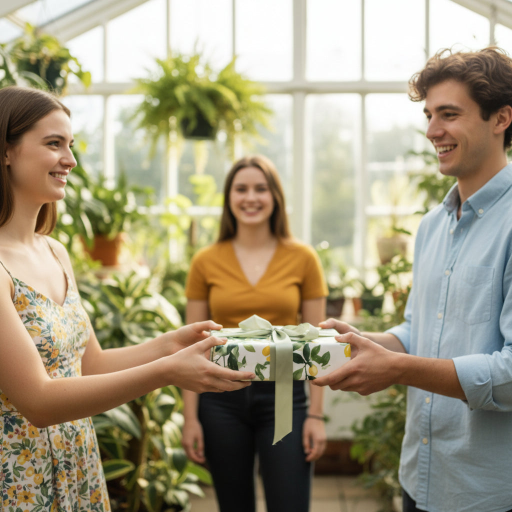 Woman receives gift wrapped in floral lemon wrapping paper with green ribbon bow.