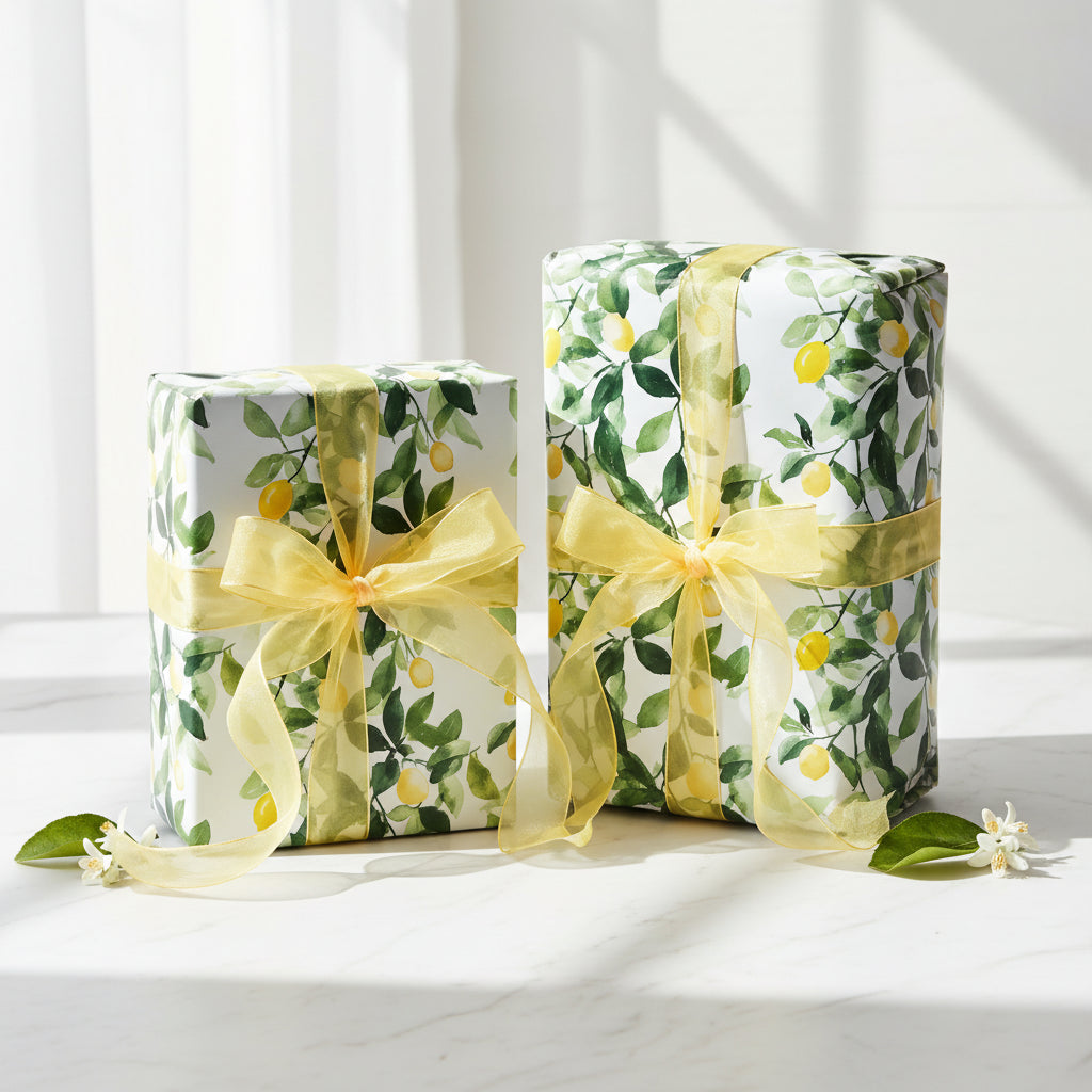Two gifts wrapped in lemon floral wrapping paper with sheer yellow ribbon sit on a white table.