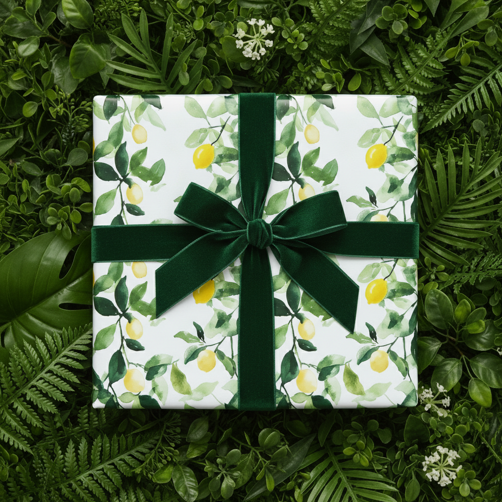 Elegant gift wrapped in white lemon floral wrapping paper with green velvet ribbon on a botanical background.