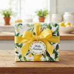 Lemon print gift wrapped with yellow ribbon and "Hello Sunshine" tag, perfect for bright birthday wrapping paper.