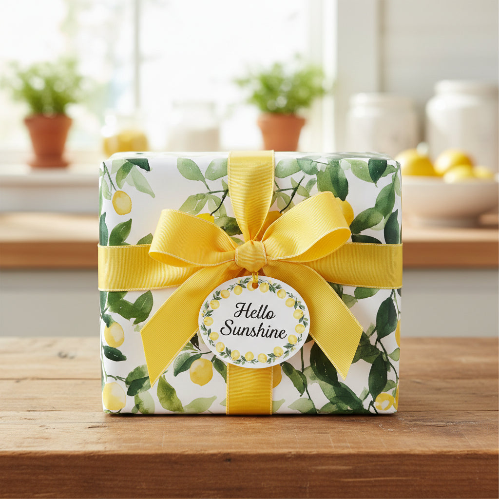 Lemon print gift wrapped with yellow ribbon and "Hello Sunshine" tag, perfect for bright birthday wrapping paper.