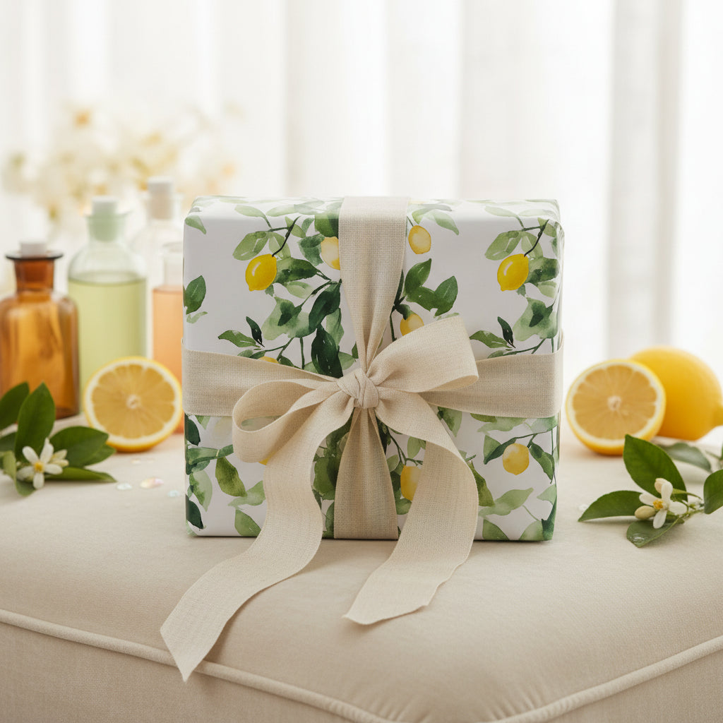 Square gift box in lemon-themed wrapping paper with rustic linen ribbon, elegant summer birthday wrapping paper.