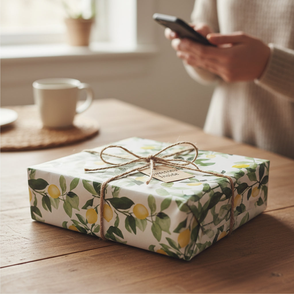Lemon print wrapping paper on a gift box tied with twine, ideal for birthdays or spring occasions.