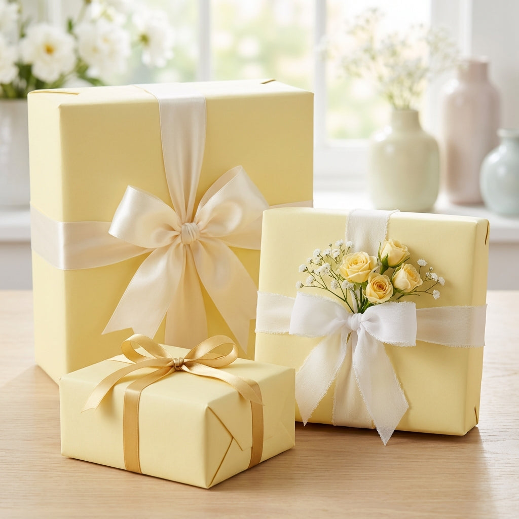 Pale yellow gift boxes wrapped in solid wrapping paper with elegant satin ribbons and floral accents.