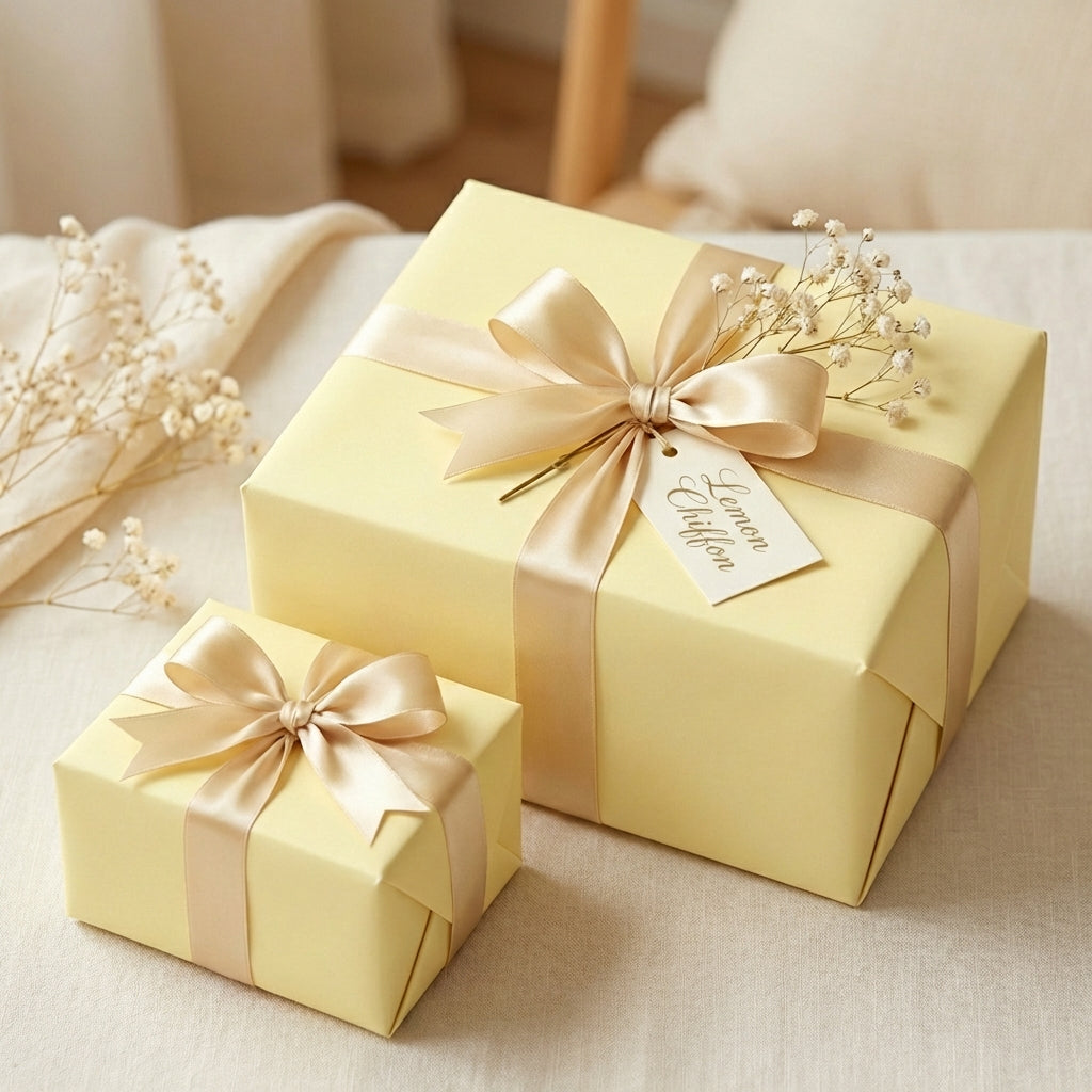 Elegant lemon yellow wrapping paper with gold satin ribbon and bow for birthday, wedding, or baby shower gifts.