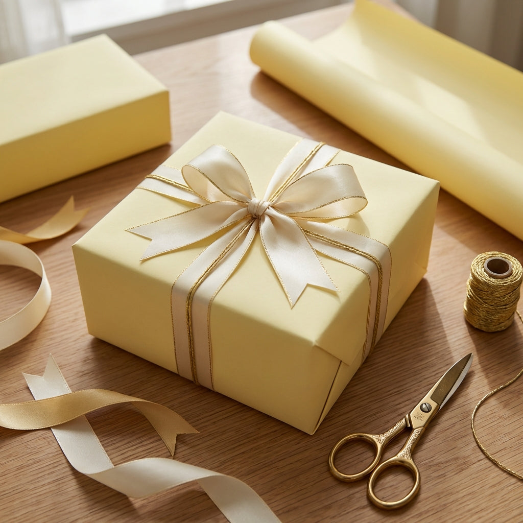 Light yellow solid color wrapping paper on a gift box with cream and gold ribbon.