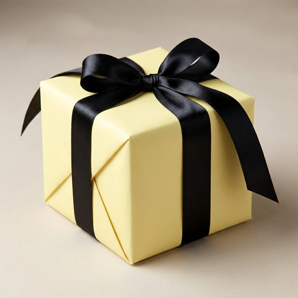 Pale yellow gift box wrapped with a black satin ribbon and bow, elegant birthday present.