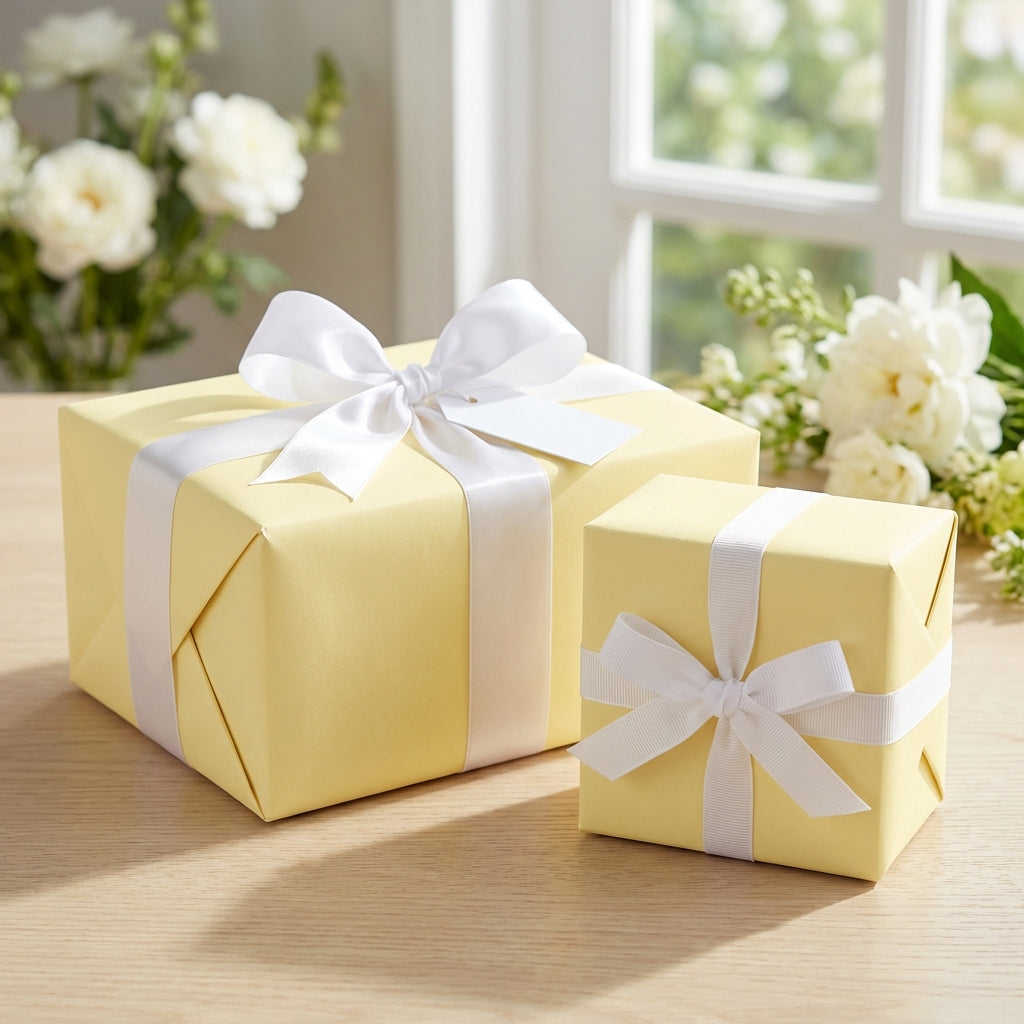 Two gifts wrapped in pastel yellow paper with white ribbon bows for birthdays, weddings, or baby showers.