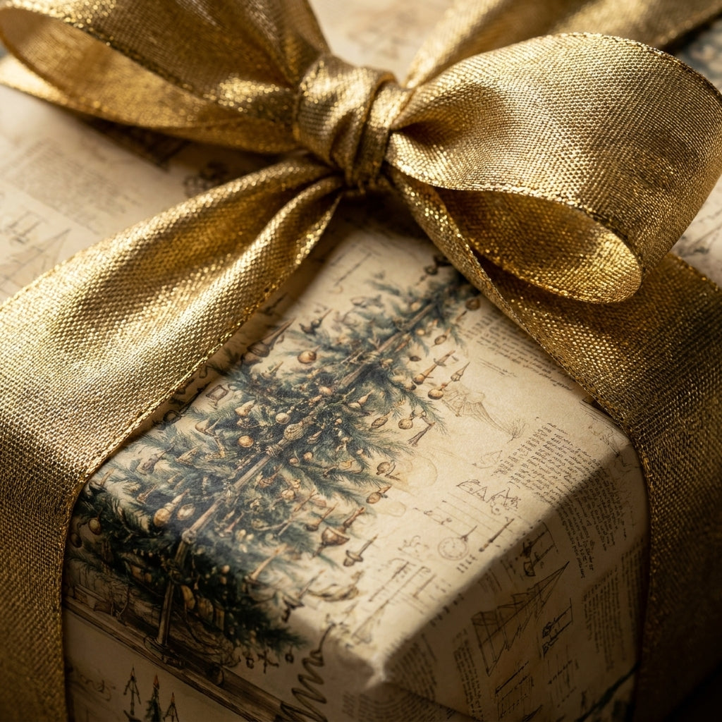 Elegant vintage Christmas wrapping paper with a sketched tree and gold ribbon bow by Wrapped Studios.
