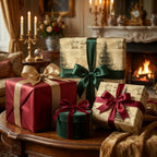 Luxury vintage Christmas wrapping paper on elegant gift boxes with satin bows by Wrapped Studios.