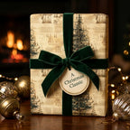 Vintage Christmas wrapping paper with elegant green velvet ribbon by Wrapped Studios.