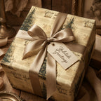 Vintage Christmas wrapping paper with pine tree sketches and gold ribbon by Wrapped Studios.