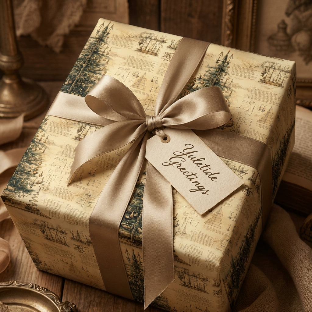 Vintage Christmas wrapping paper with pine tree sketches and gold ribbon by Wrapped Studios.