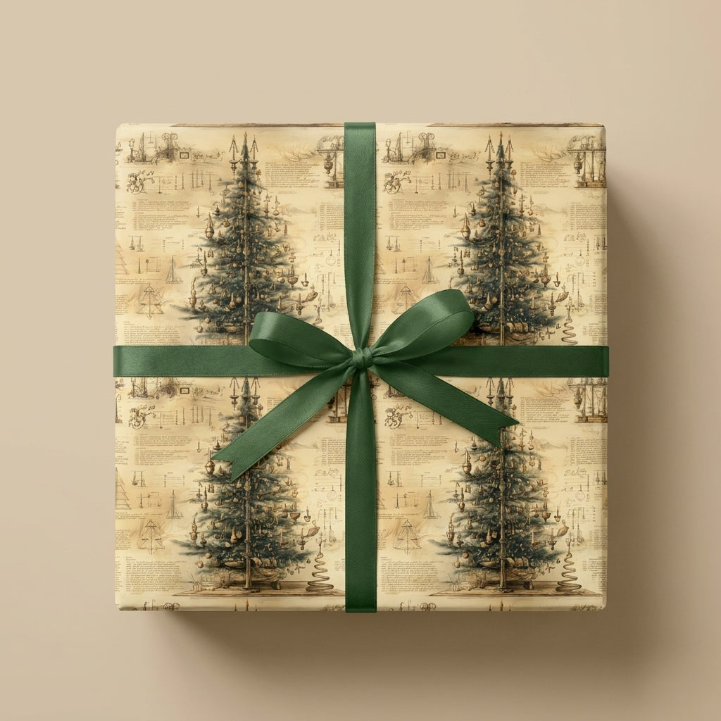 Vintage Christmas tree wrapping paper with a green satin bow on a rustic holiday gift box by Wrapped Studios.