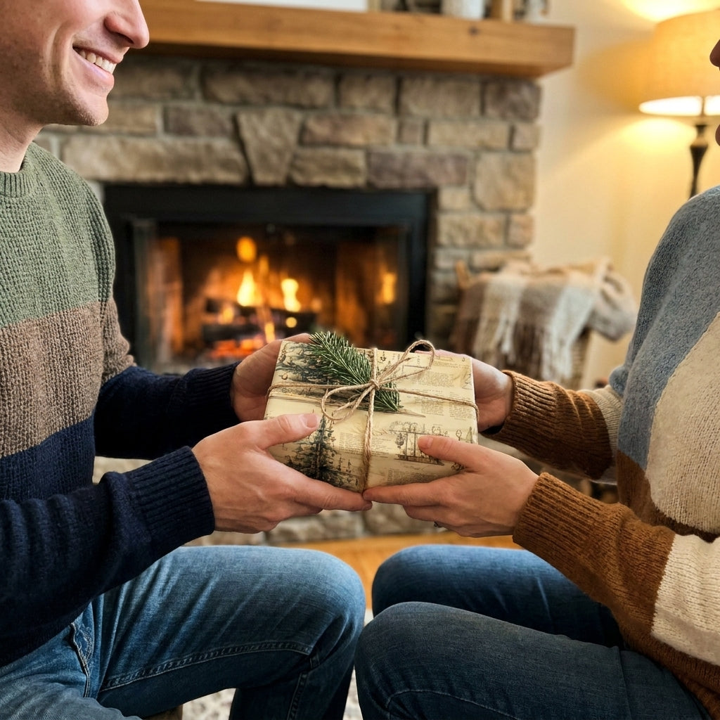 Couple exchanging a gift wrapped in rustic vintage Christmas wrapping paper by Wrapped Studios.