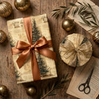 Vintage Christmas wrapping paper by Wrapped Studios on elegant holiday gifts with bronze satin bows.