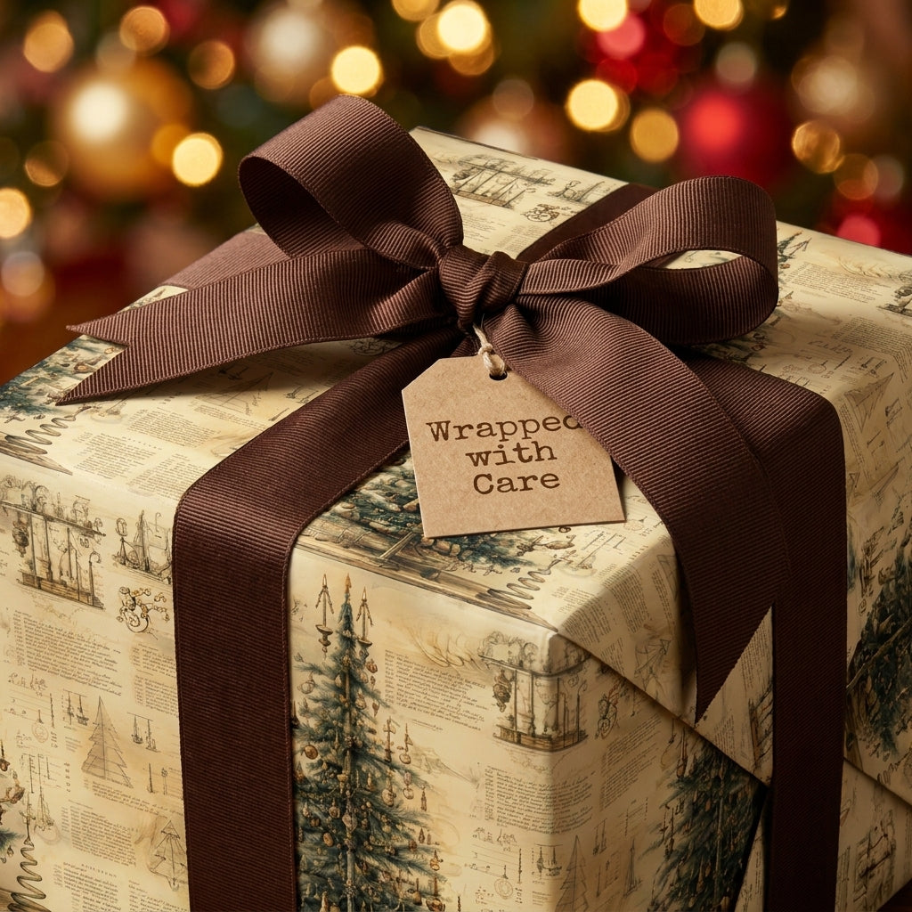 Rustic vintage Christmas wrapping paper with a brown ribbon bow and gift tag, by Wrapped Studios.