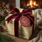 Luxury Christmas gift wrap with vintage tree print and burgundy velvet ribbon by Wrapped Studios.