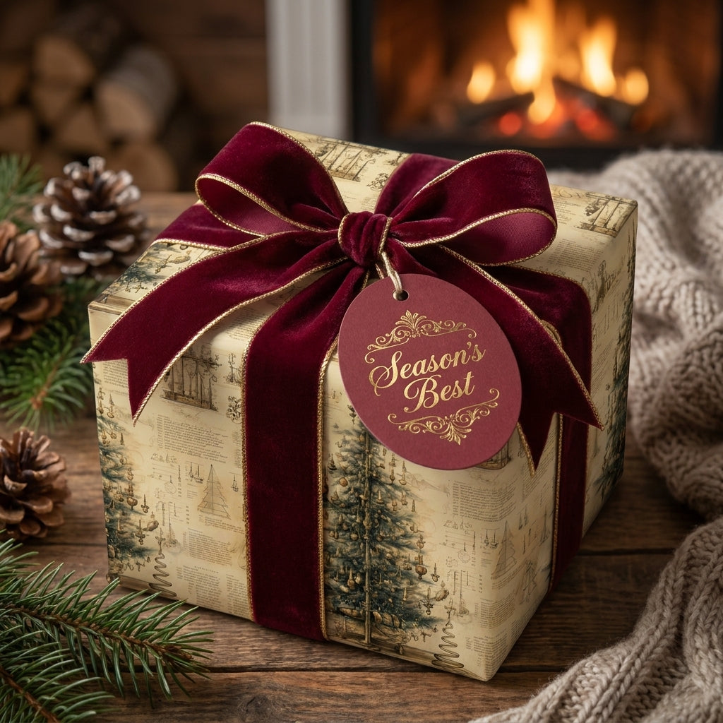 Luxury Christmas gift wrap with vintage tree print and burgundy velvet ribbon by Wrapped Studios.