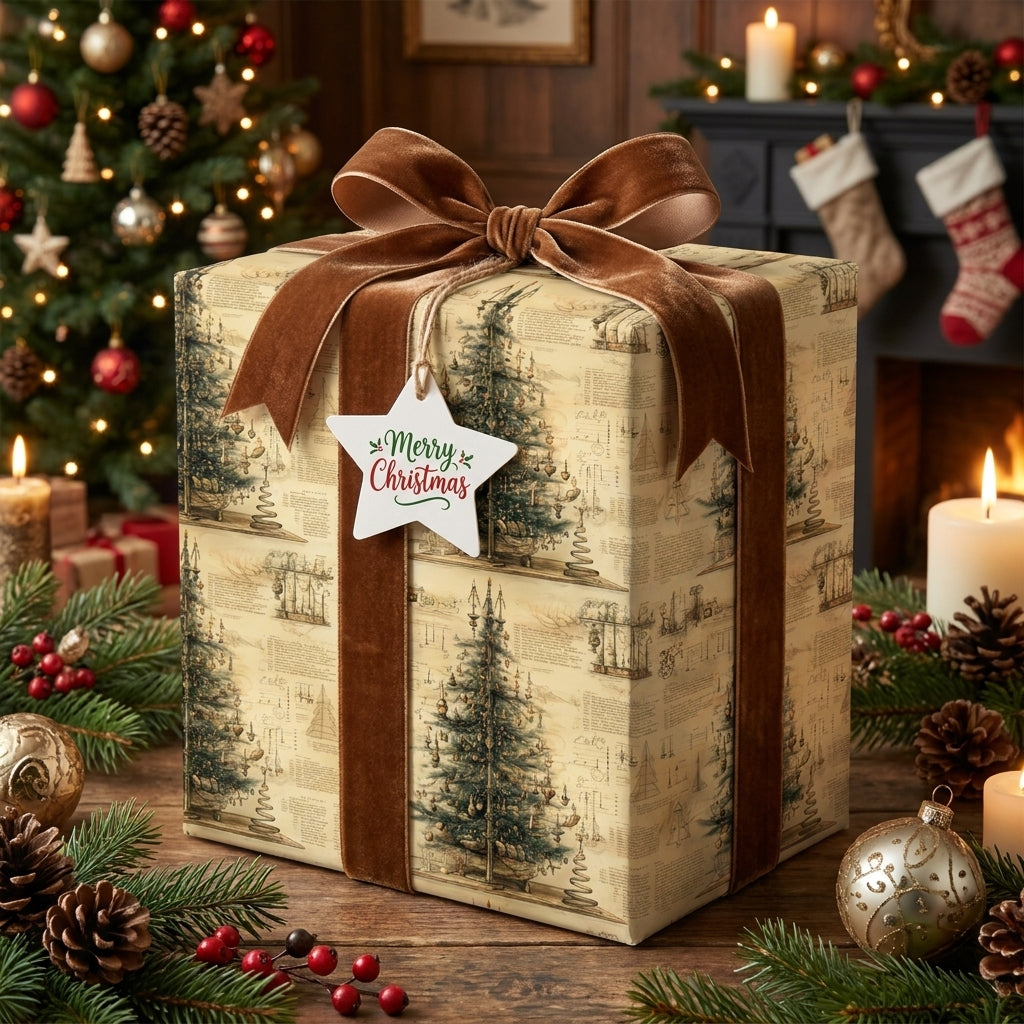 Vintage Christmas tree wrapping paper with brown velvet ribbon and star gift tag by Wrapped Studios.