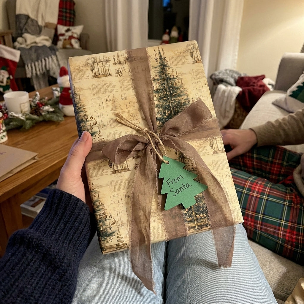 Vintage Christmas wrapping paper on a gift with brown ribbon, held in a cozy holiday home. Wrapped Studios.