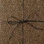 Leopard print wrapping paper on a gift box, tied with a simple black cord bow.
