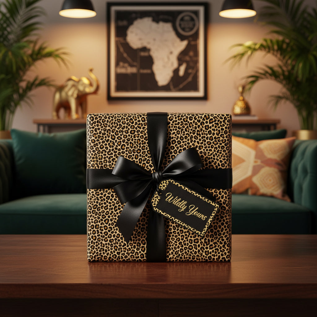 Chic gift box wrapped in leopard print wrapping paper with black ribbon and "Wildly Yours" tag.